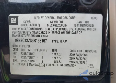 2006 Chevrolet Tahoe Lt z USA, uszkodzony, nr VIN 1GNEC13Z36R163167